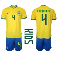 Brazil Marquinhos #4 Home Stadium Replica Jersey Kids World Cup 2022 Short Sleeves (+ pants)