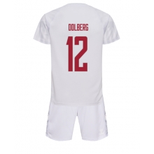 Denmark Kasper Dolberg #12 Away Stadium Replica Jersey Kids World Cup 2022 Short Sleeves (+ pants)