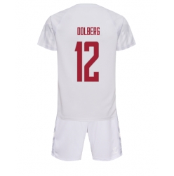 Denmark Kasper Dolberg #12 Away Stadium Replica Jersey Kids World Cup 2022 Short Sleeves (+ pants)