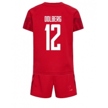 Denmark Kasper Dolberg #12 Home Stadium Replica Jersey Kids World Cup 2022 Short Sleeves (+ pants)